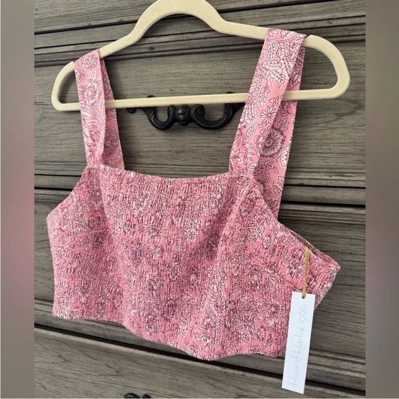 NEW House of Harlow 1960 Pink Floral Smocked Crop Top NWT White Tie Back Cotton - Picture 3 of 10